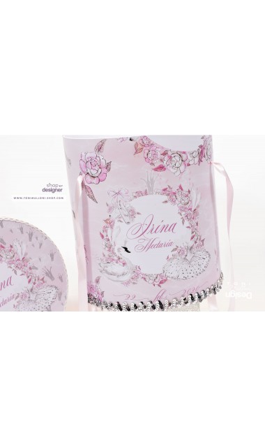 Trusou de botez cu lebede si motive florale personalizat pentru fete, Lebada alba 18